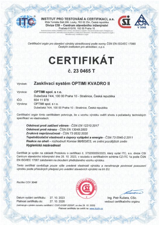 Certifikát OPTIMI KVADRO II